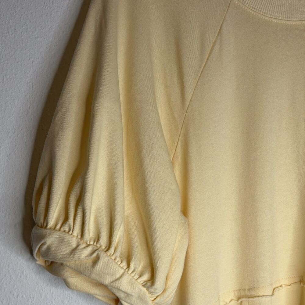 Free people Yellow Knit A-Line Long Dress Puff Short Sleeve Crew Neck Ruffle L-G - Picture 8 of 9